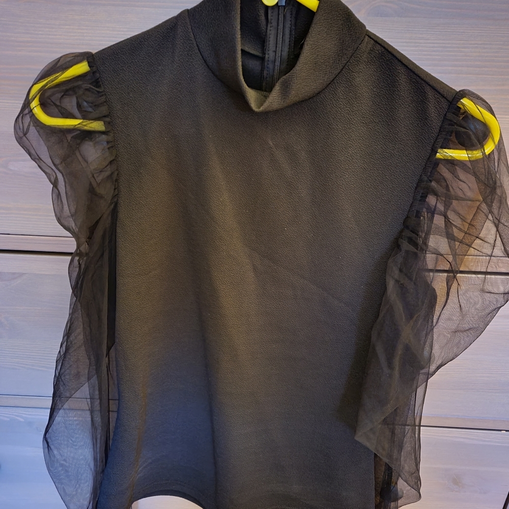 Sheer Sleeves Black Blouse Size Large